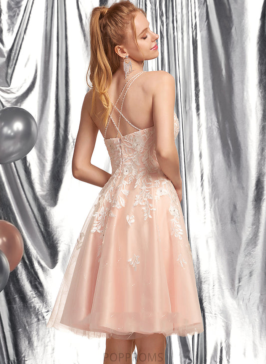 Dress Homecoming A-Line With Square Renata Neckline Lace Homecoming Dresses Knee-Length Tulle Beading