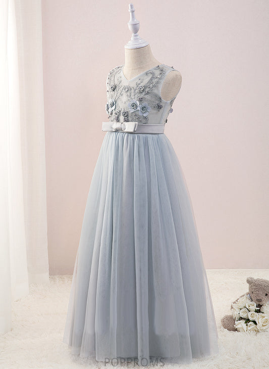 Tulle/Lace Girl V-neck - Dress Flower Girl Dresses Beading/Flower(s) Flower With Floor-length A-Line Sleeveless Kassandra