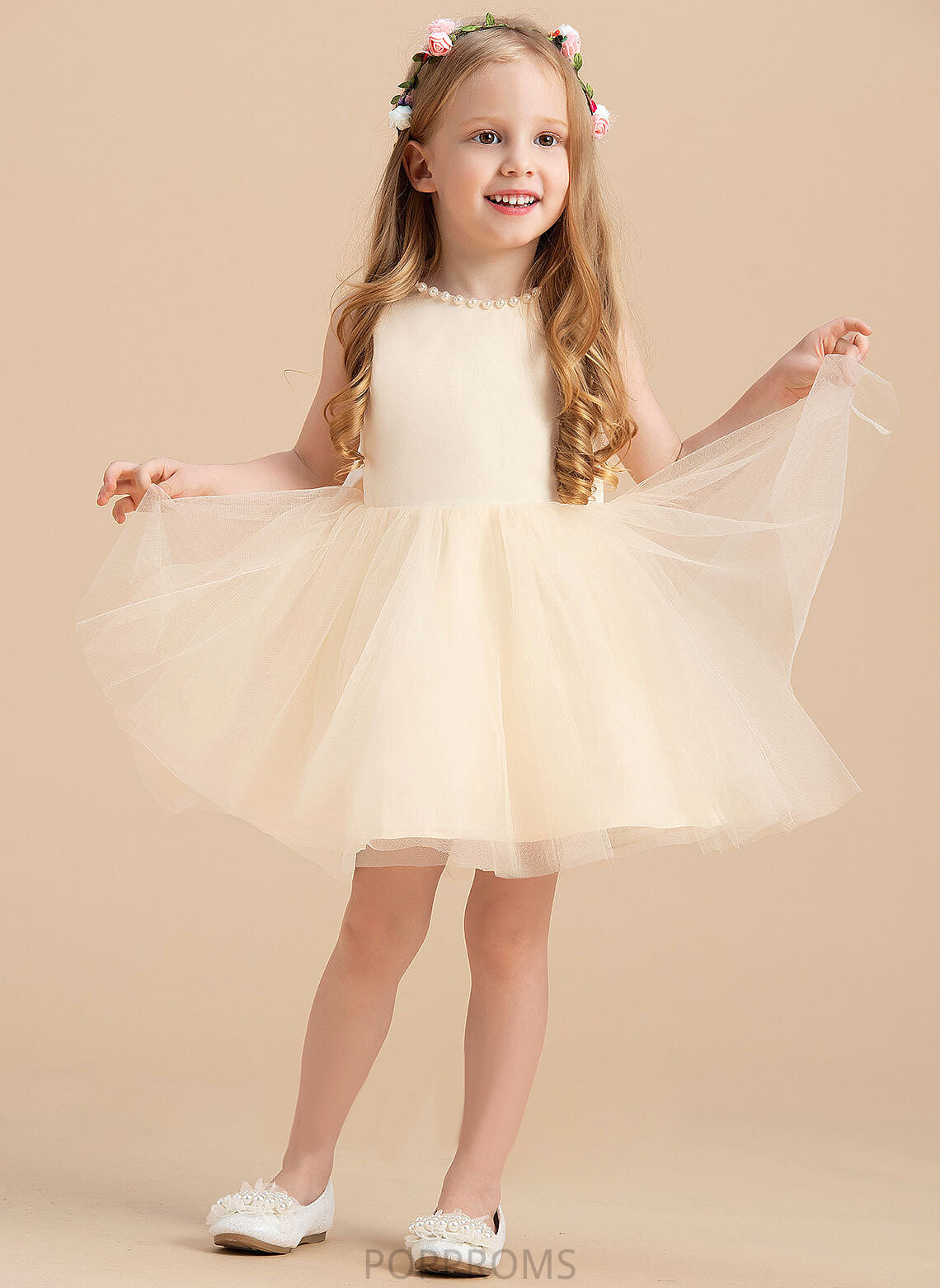 Satin/Tulle With A-Line Jaida Beading - Dress Girl Sleeveless Knee-length Scoop Neck Flower Flower Girl Dresses