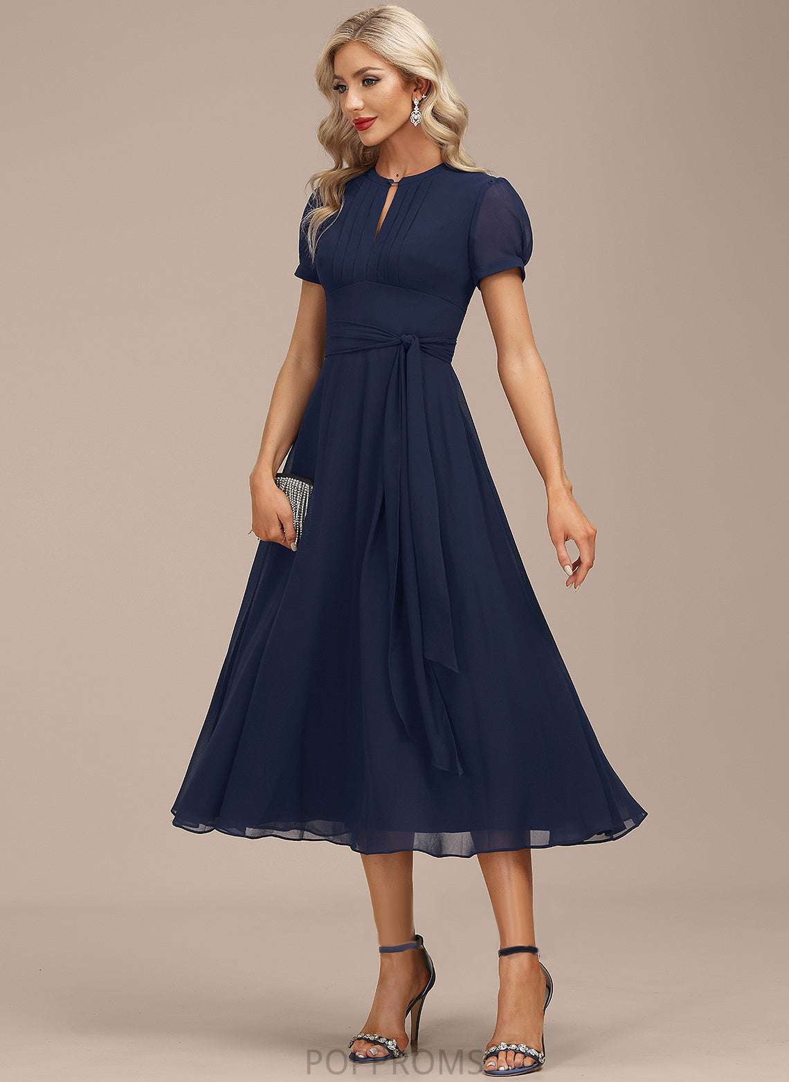 Cocktail Nina Neck Tea-Length Scoop Chiffon Ruffle A-Line Dress With Cocktail Dresses