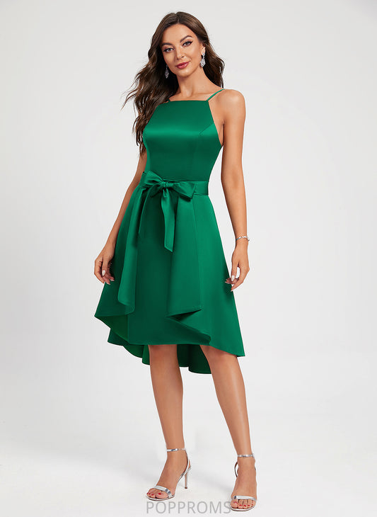 Satin A-Line Cocktail Dresses Knee-Length Ruffle Cocktail Neckline With Dress Square Patsy Bow(s)