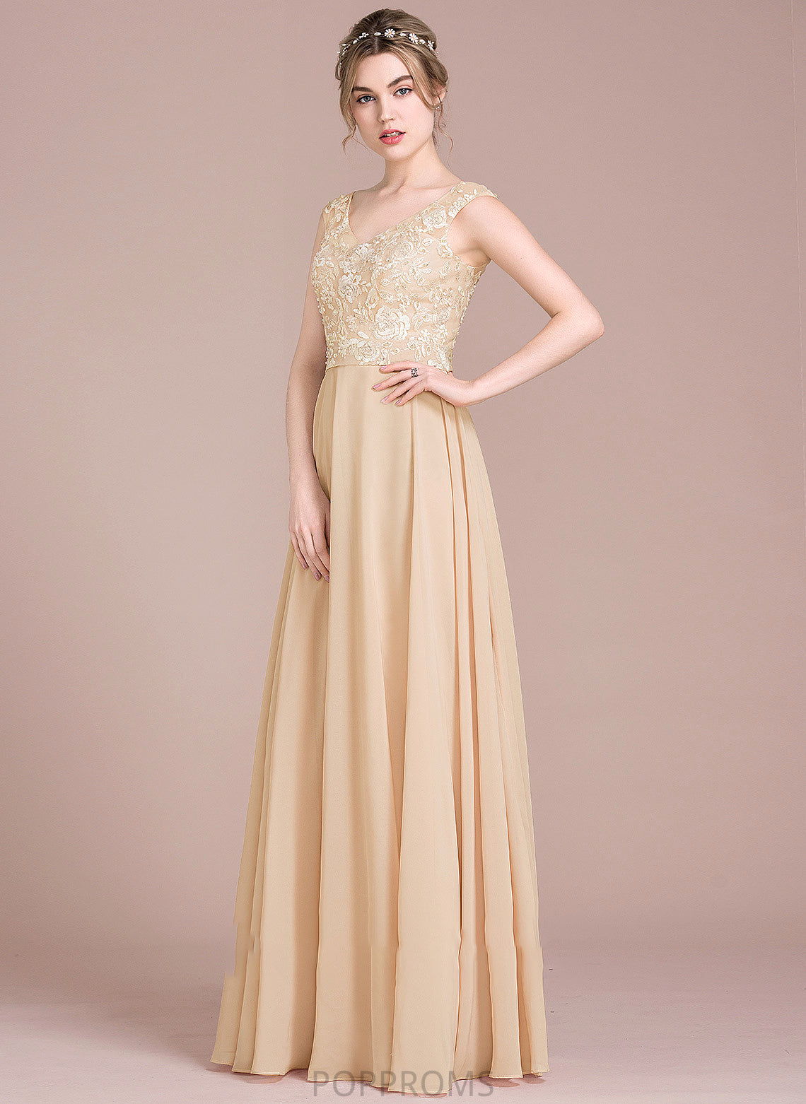 A-Line Floor-Length Lace Prom Dresses Chiffon V-neck Iliana