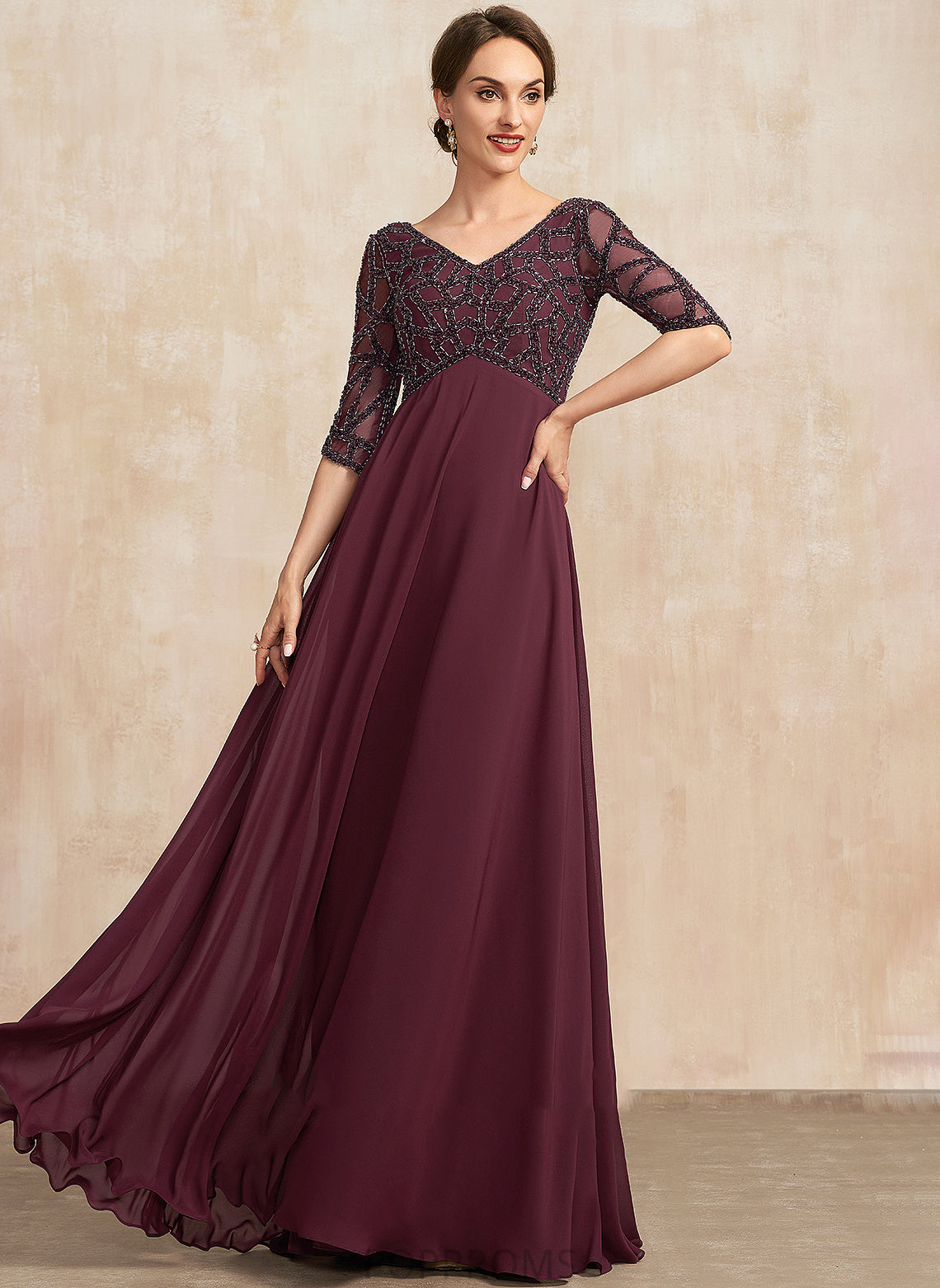 V-neck With Mother Dress Floor-Length the Chiffon Bride of Kendra Mother of the Bride Dresses Beading Empire