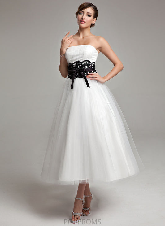 Tea-Length Strapless Ball-Gown/Princess Wedding Beading Dress With Bow(s) Wedding Dresses Lace Sash Sabrina Satin Tulle