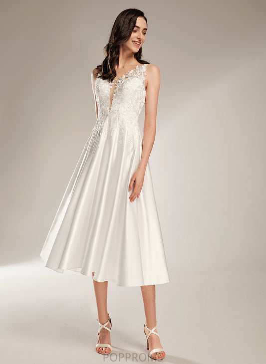 Dress V-neck Alma Lace Satin A-Line Wedding Tea-Length Wedding Dresses