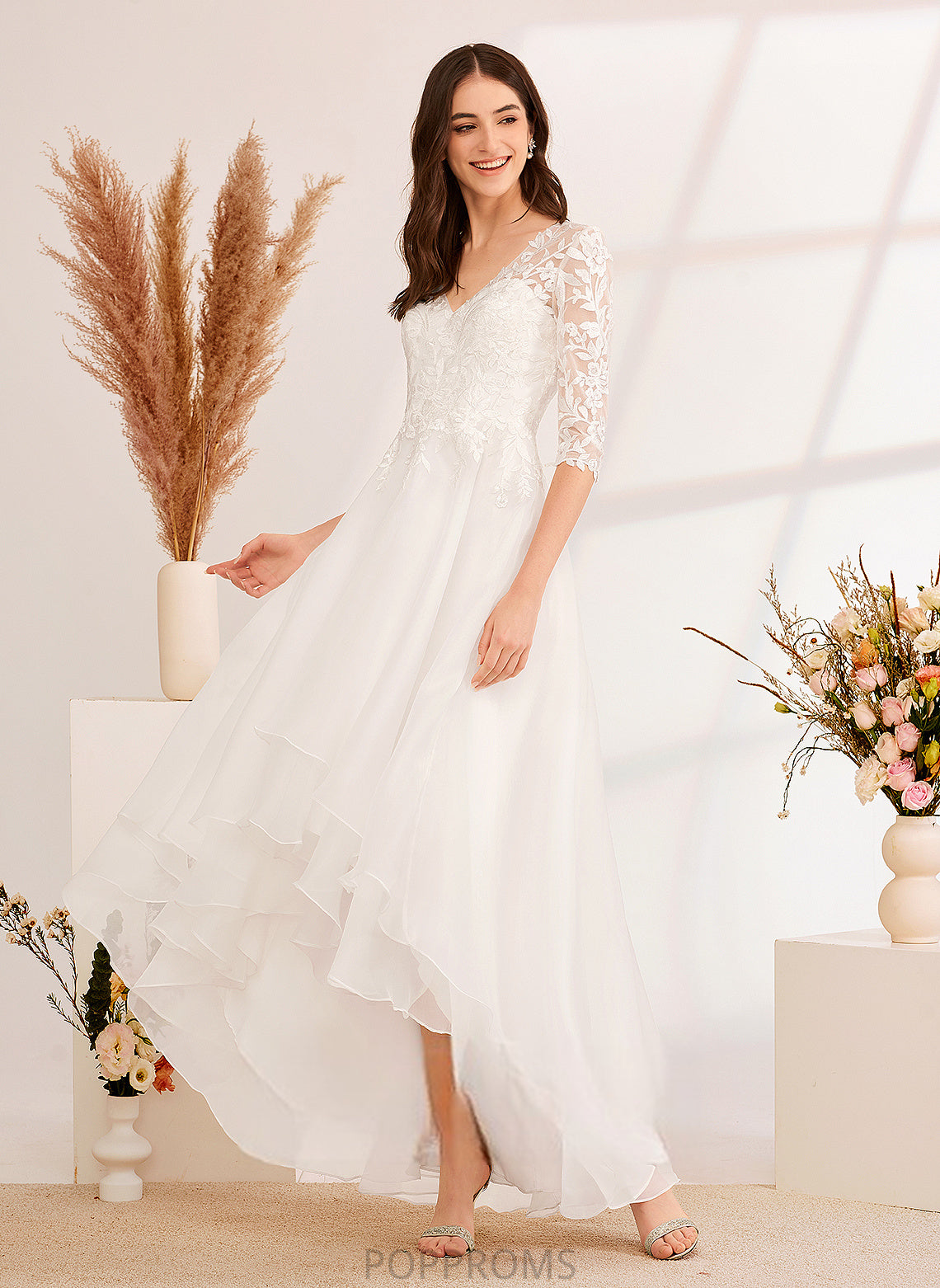 A-Line Asymmetrical Dress Tulle Skyla Wedding Dresses Lace V-neck Sequins Beading Wedding With