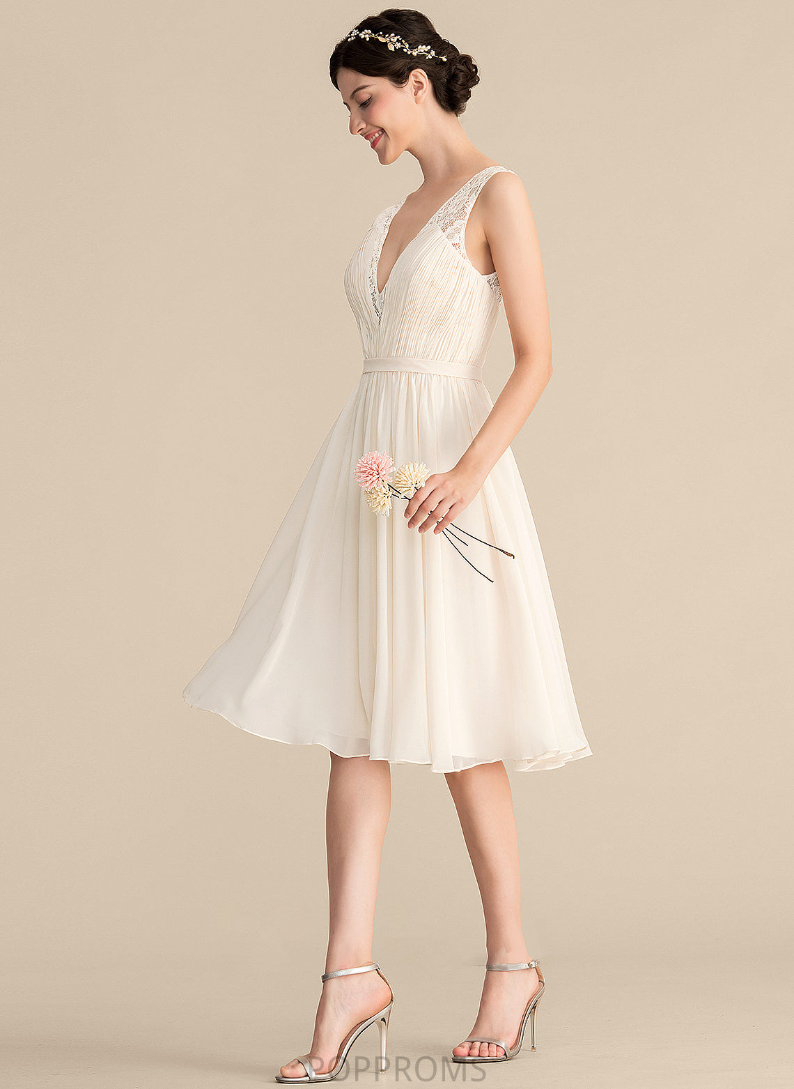 With Wedding Dresses Wedding A-Line Lace Chiffon Kenna Ruffle Knee-Length Dress V-neck