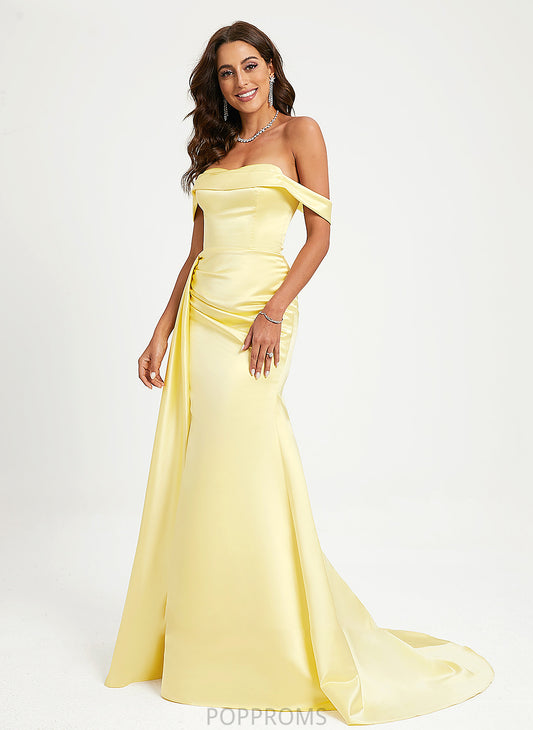 Ruffle Satin Sweep Kelsie Off-the-Shoulder Train Prom Dresses With Trumpet/Mermaid