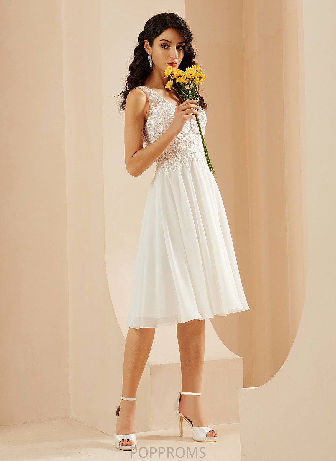 A-Line Abagail Wedding Chiffon Lace Knee-Length V-neck Sequins With Dress Wedding Dresses