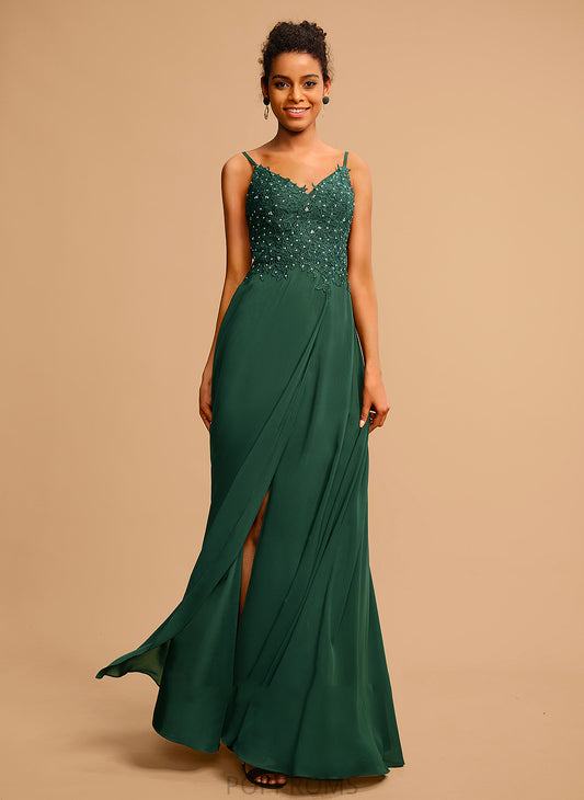 V-neck Beading Prom Dresses Floor-Length Chiffon Lace A-Line With Sequins Allie