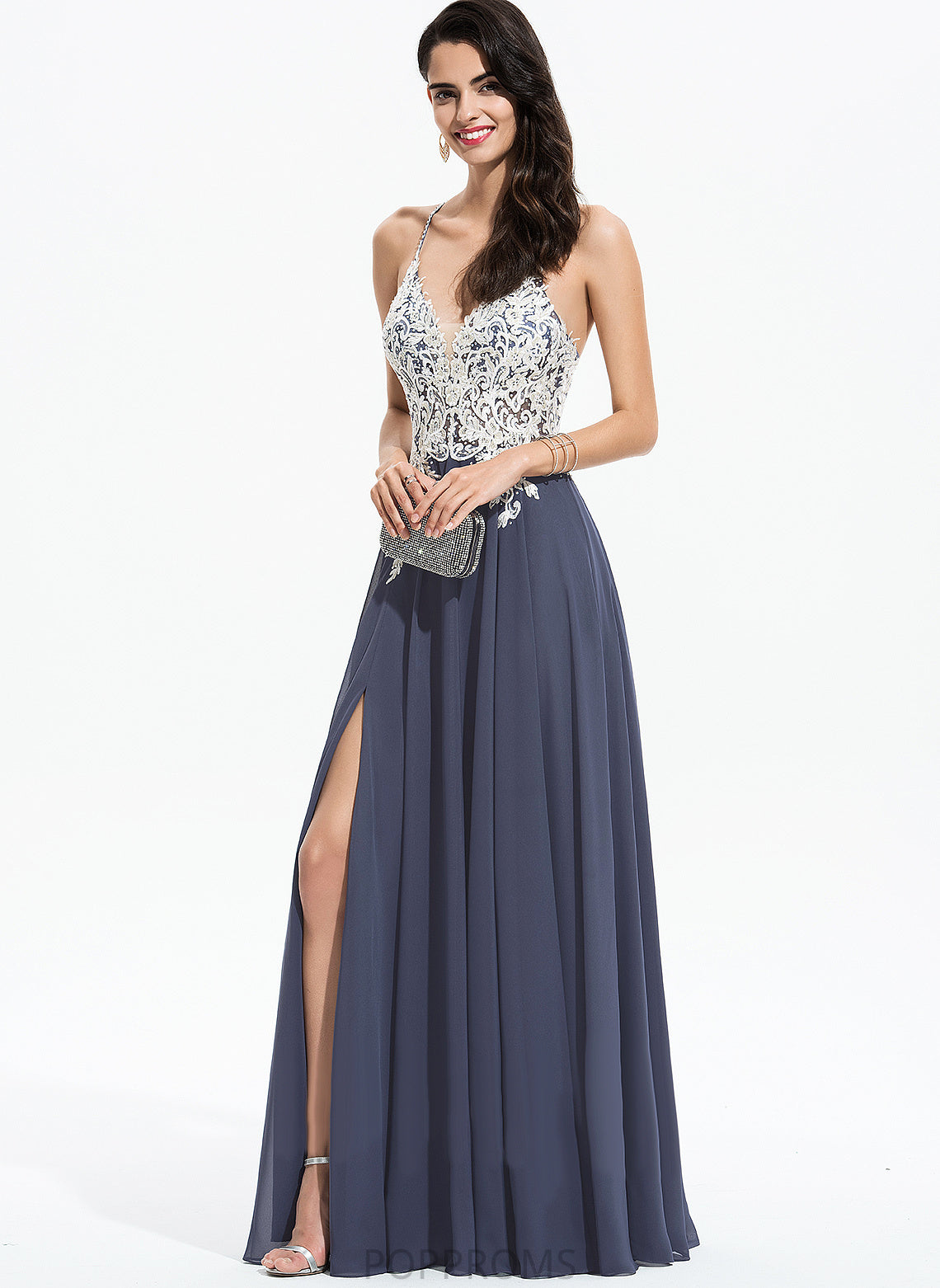 Sequins Esperanza Floor-Length Chiffon A-Line V-neck Beading Prom Dresses With