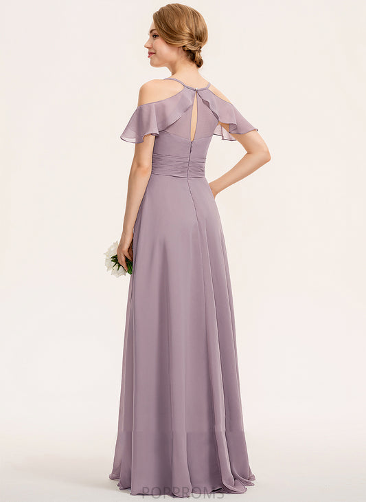 Ruffle V-neck Floor-Length CascadingRuffles A-Line ColdShoulder Neckline SplitFront Fabric Silhouette Embellishment Length Bridesmaid Dresses