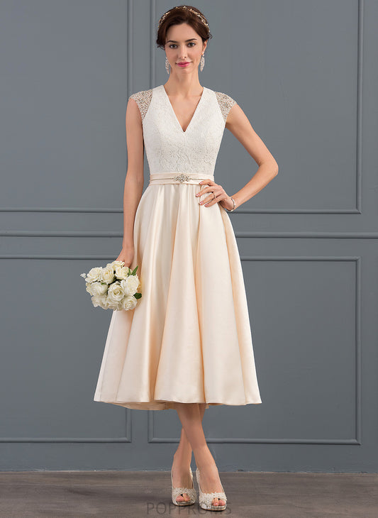 Dress A-Line Anna Lace Wedding Dresses With V-neck Beading Sequins Satin Wedding Tea-Length