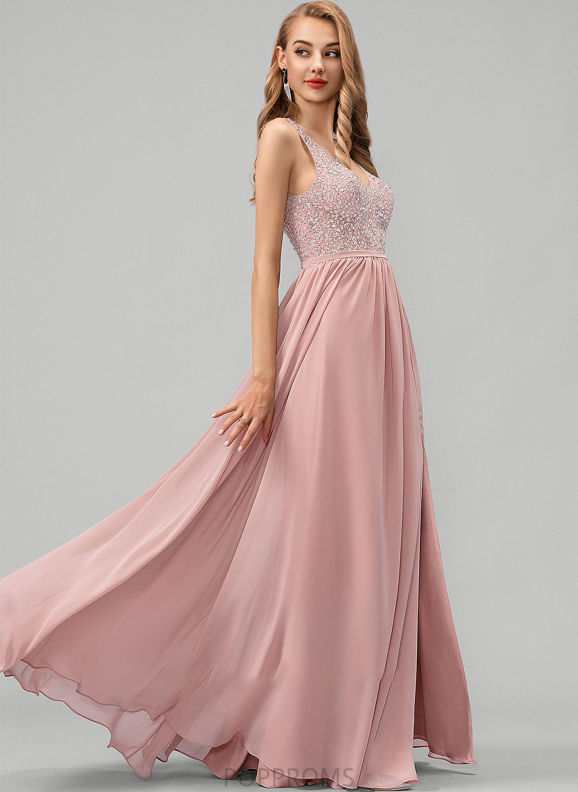 Sequins With Split Monique A-Line Chiffon Floor-Length V-neck Beading Front Prom Dresses