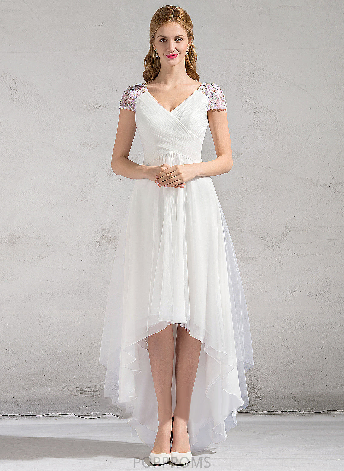 With Beading Sequins Wedding Dresses Dress A-Line Ruffle Wedding V-neck Asymmetrical Tulle Anastasia