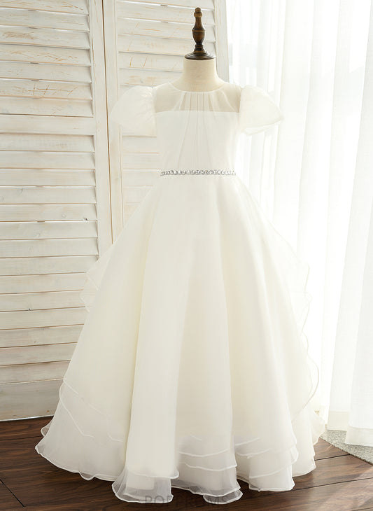 With - Floor-length Rhinestone Ball-Gown/Princess Short Girl Neck Flower Girl Dresses Sleeves Dress Kirsten Organza/Satin Flower Scoop