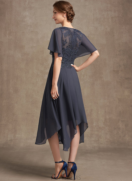 With the Mother Neck Lace Scoop Bride Hana Sequins Chiffon A-Line Dress Mother of the Bride Dresses of Tea-Length