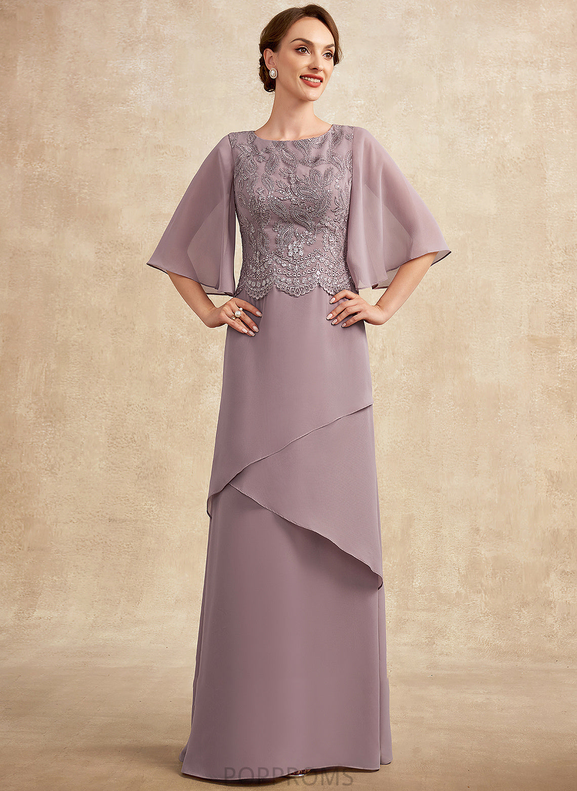 Dress Floor-Length Sequins the Chiffon Scoop Neck Kendal A-Line of Mother of the Bride Dresses Ruffles Cascading Lace With Mother Bride