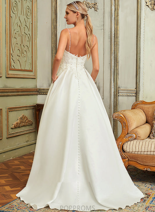 Wedding Sweep Dress Satin Ball-Gown/Princess Amirah Sequins With Lace Beading V-neck Pockets Train Lace Wedding Dresses