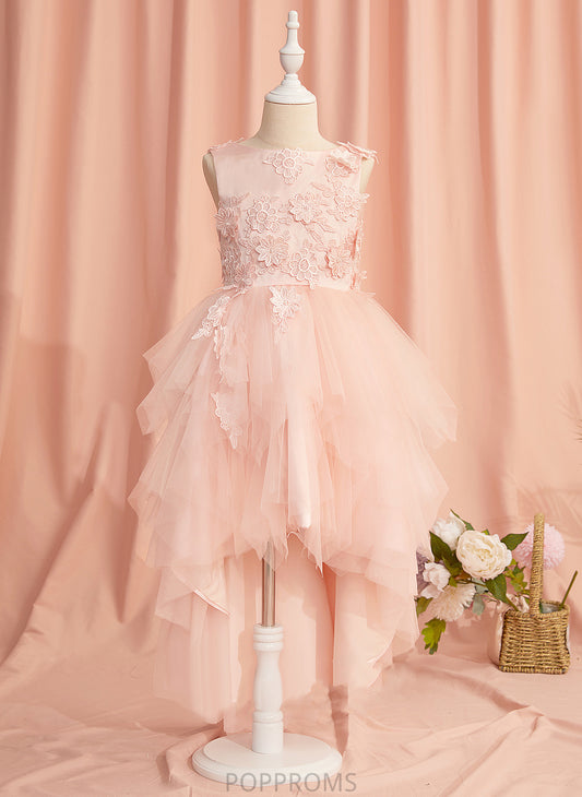 - Hailee With Ball-Gown/Princess Asymmetrical Girl Sleeveless Scoop Tulle Flower Neck Flower Girl Dresses Lace/Flower(s)/V Dress Back