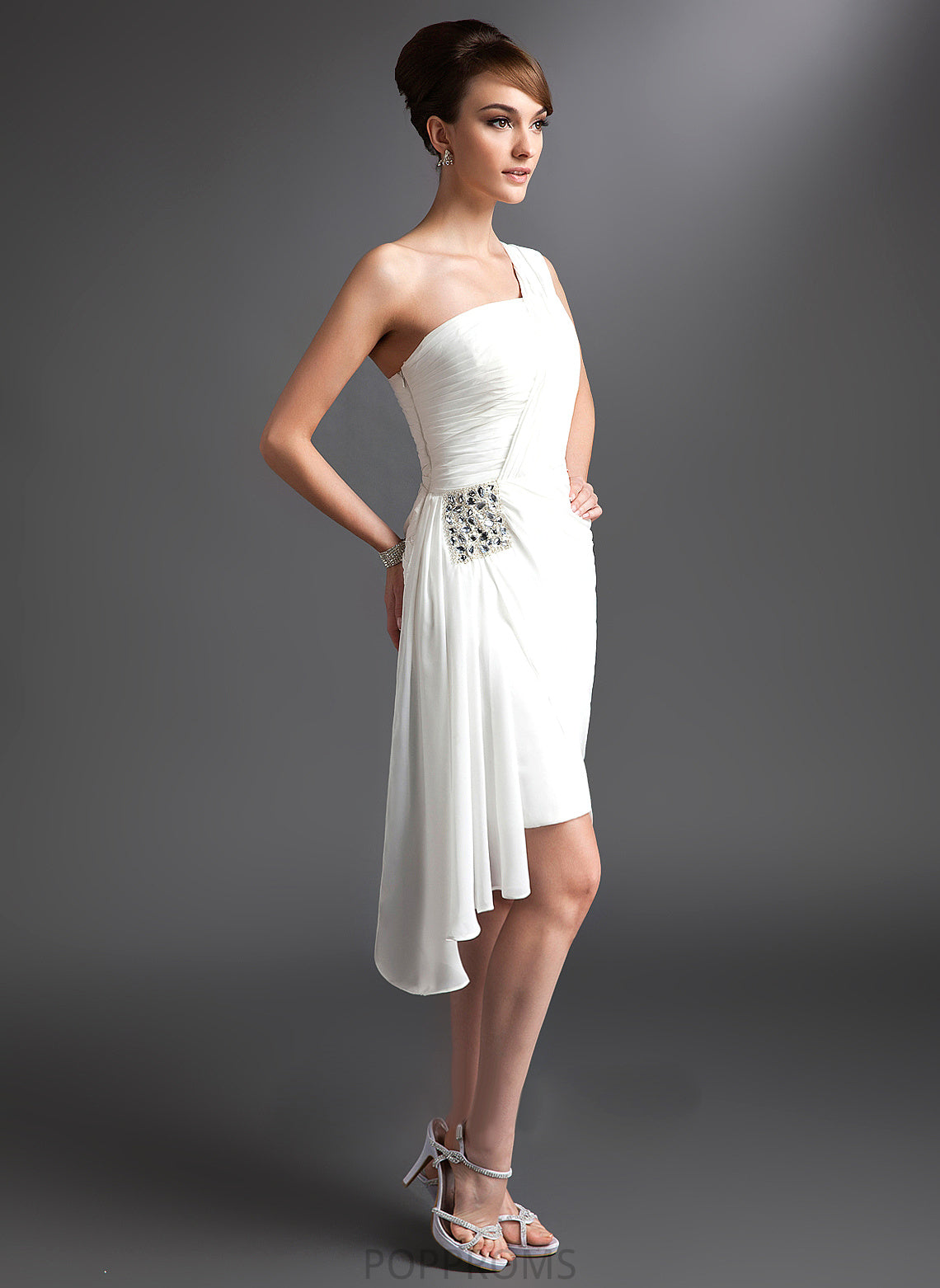 Cocktail Sheath/Column Emilia Dress Beading Ruffle One-Shoulder Chiffon Asymmetrical Cocktail Dresses With