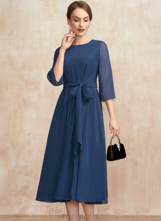 Mother Bride With Neck the Bow(s) Tea-Length Dress Paris Chiffon Scoop Ruffle of A-Line Mother of the Bride Dresses