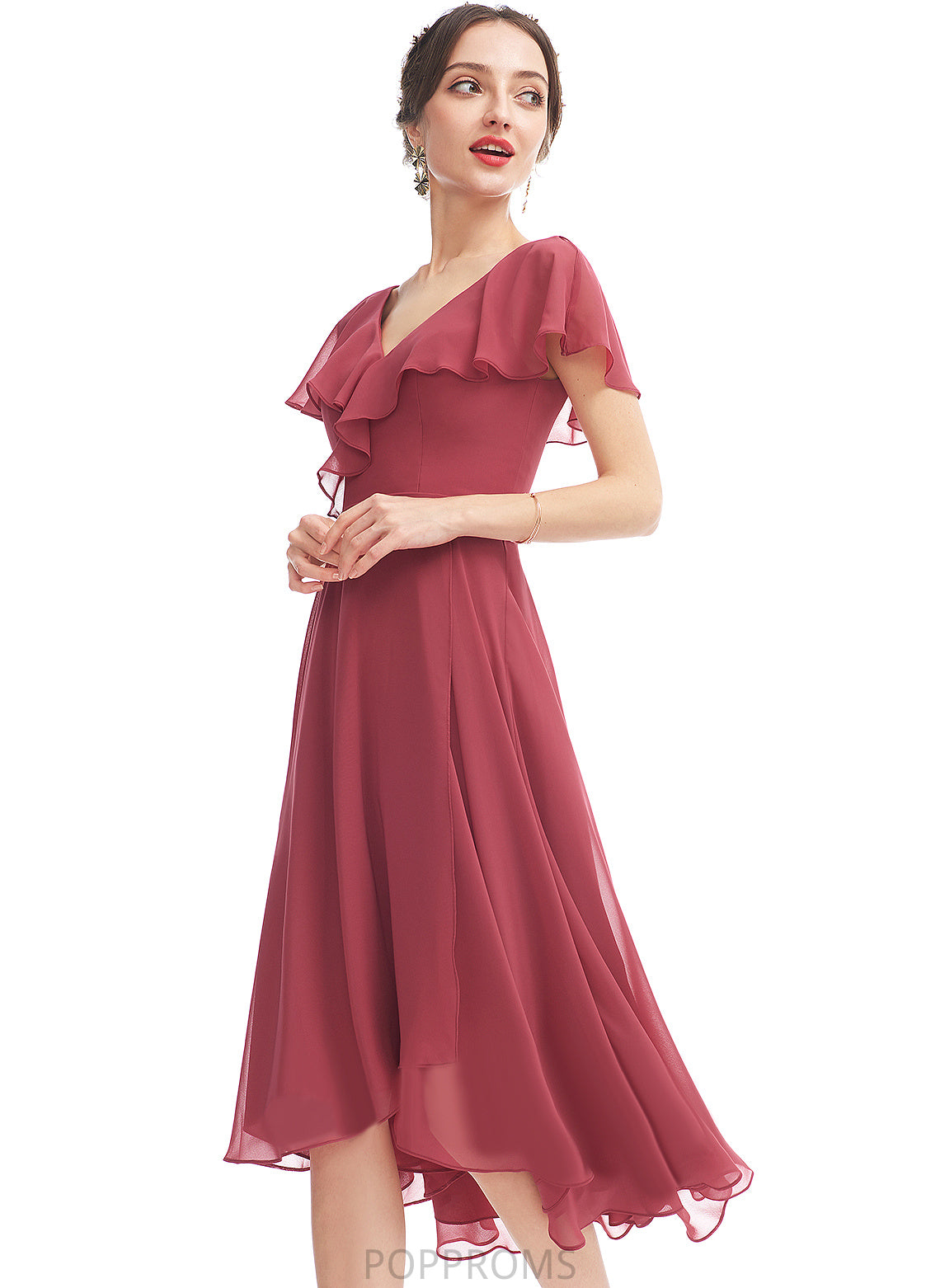 Silhouette Length Fabric Asymmetrical Embellishment Neckline Ruffle A-Line V-neck Leticia Spaghetti Staps Floor Length Bridesmaid Dresses