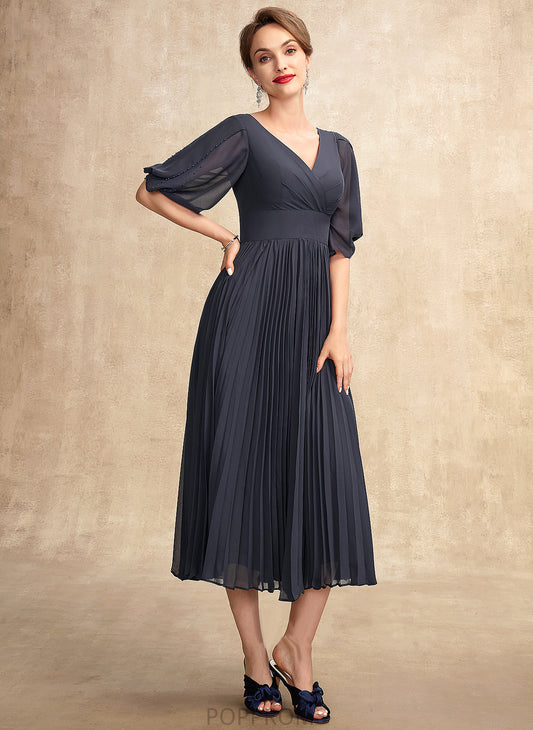 Dress Isis Bride V-neck With the A-Line Tea-Length Mother of the Bride Dresses Pleated Chiffon Mother of