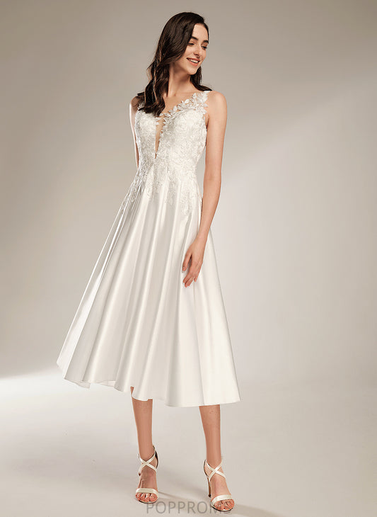 Wedding Wedding Dresses Satin V-neck Dress Lace Camryn Tea-Length A-Line Pockets With