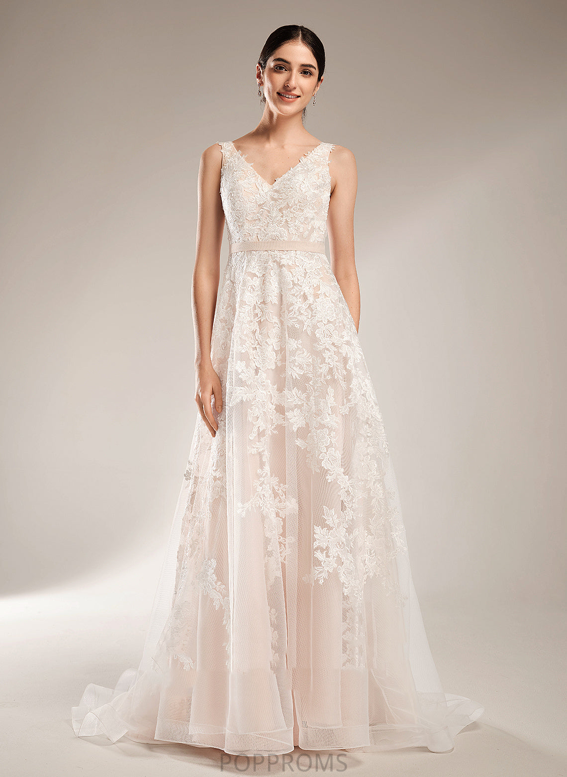 Court Wedding A-Line Dress Angela Wedding Dresses Train V-neck Tulle Lace