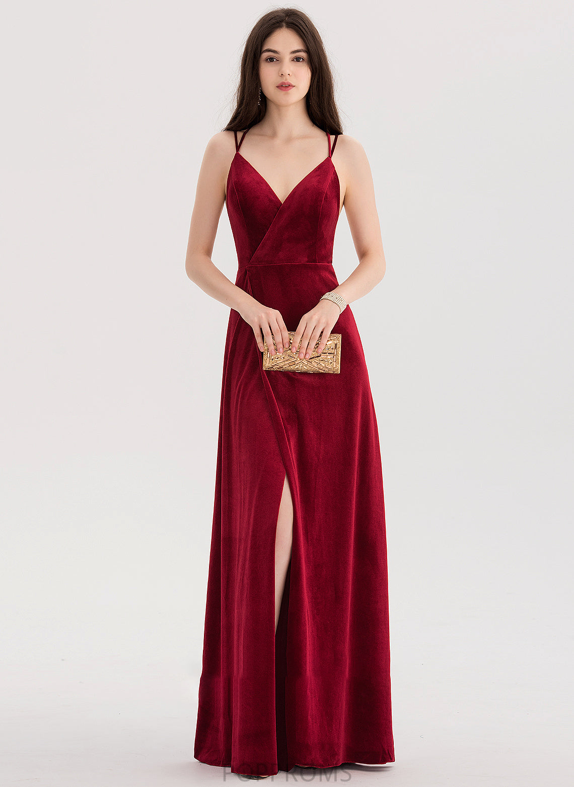 With Split Floor-Length A-Line Malia Velvet V-neck Front Prom Dresses