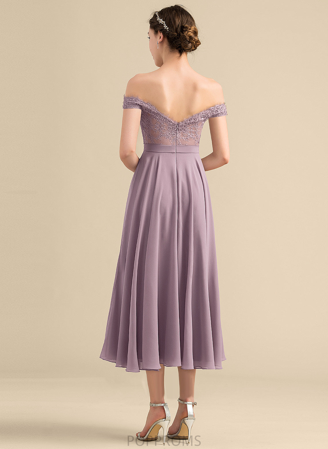 Ashlyn Tea-Length Chiffon With Lace Off-the-Shoulder Dress Beading A-Line Homecoming Homecoming Dresses