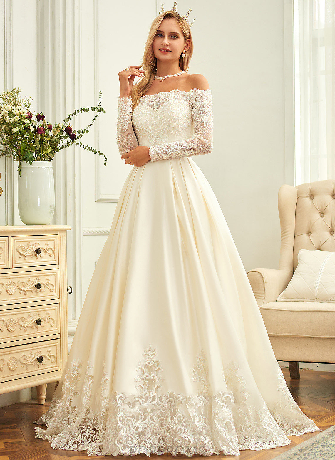 Off-the-Shoulder Satin Wedding Dresses Beading Sequins Jocelynn Dress Sweep Train With Wedding Lace Ball-Gown/Princess