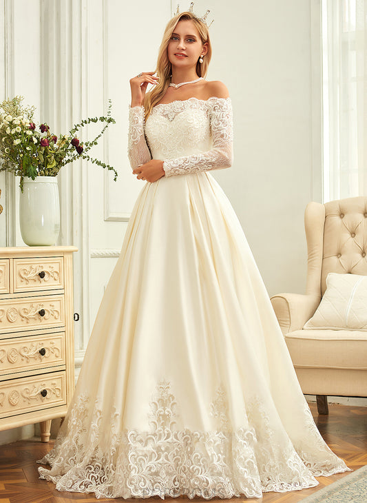 Off-the-Shoulder Satin Wedding Dresses Beading Sequins Jocelynn Dress Sweep Train With Wedding Lace Ball-Gown/Princess