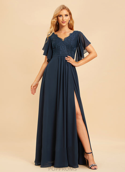 Fabric Embellishment Lace Floor-Length Silhouette Neckline SplitFront Length V-neck A-Line Carolina Floor Length Bridesmaid Dresses