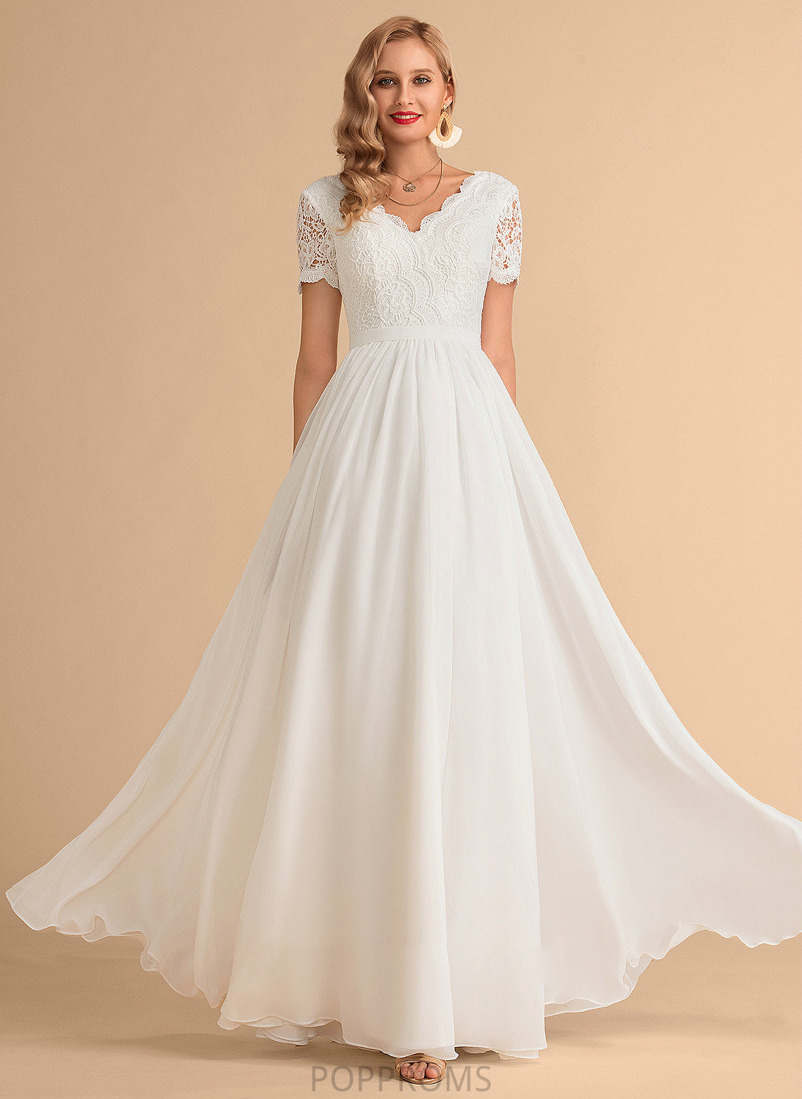 Dress Wedding Wedding Dresses Lace Krystal Chiffon V-neck A-Line Floor-Length