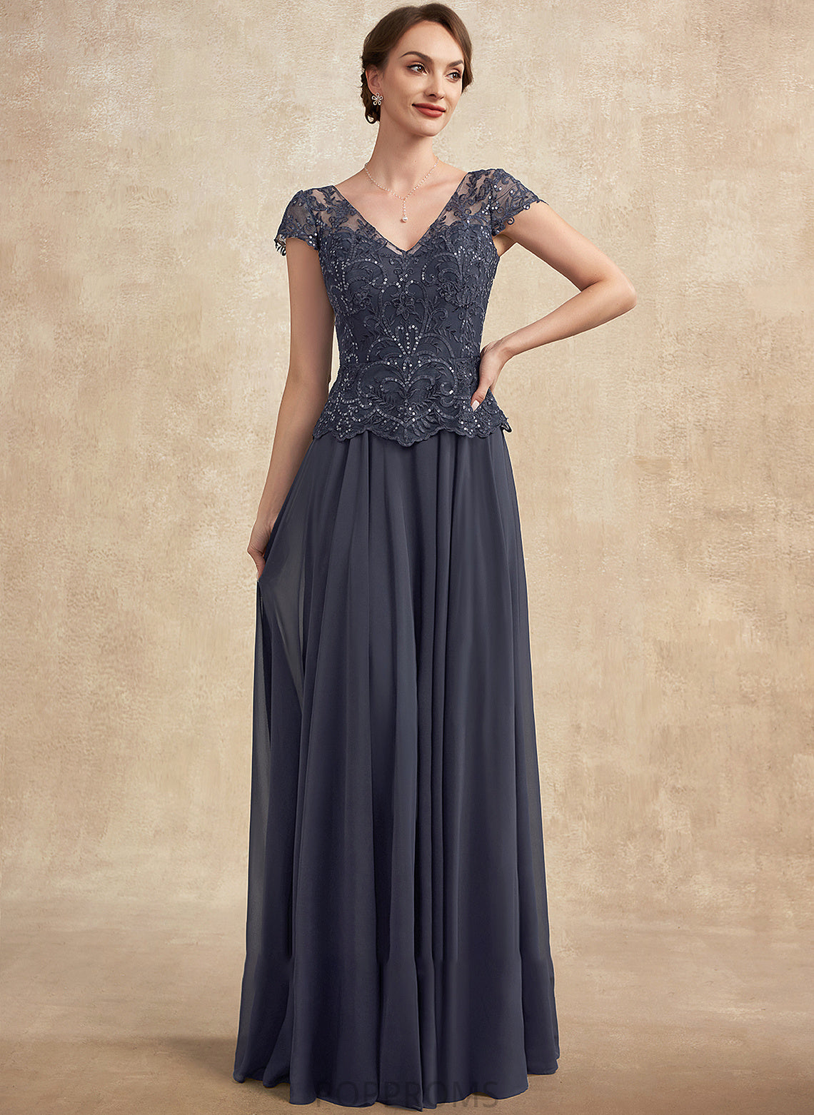 Elaina Dress the Bride Chiffon V-neck Sequins A-Line Mother Mother of the Bride Dresses Lace of With Floor-Length