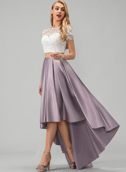 Asymmetrical Satin Scoop Pockets Alula A-Line Prom Dresses With Lace Neck