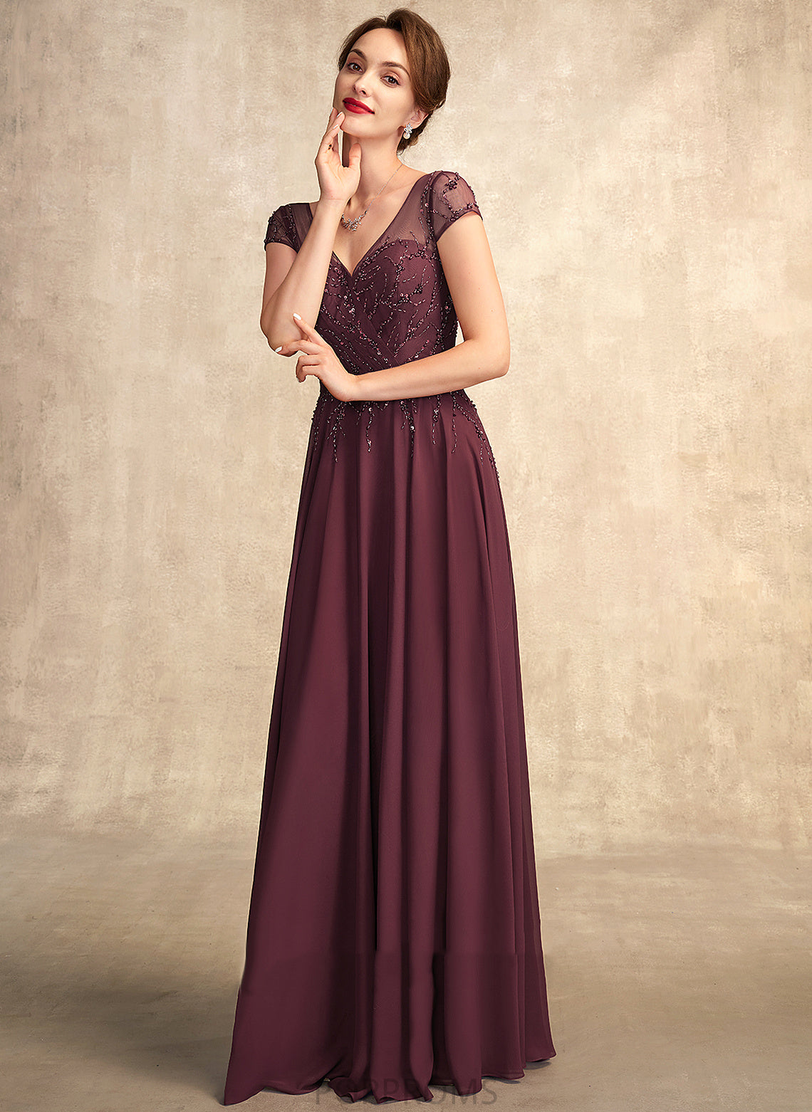 V-neck With Dress Sequins Mother Chiffon Bride Mother of the Bride Dresses Brooklynn of Floor-Length the Beading A-Line