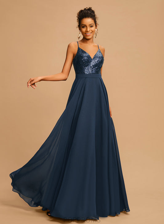 A-Line Izabella Chiffon Floor-Length With Sequined Prom Dresses Sequins V-neck