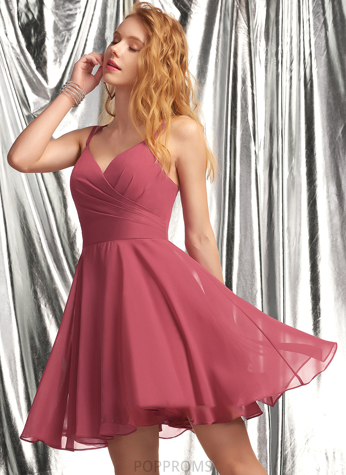 V-neck Chiffon A-Line Sidney Prom Dresses With Ruffle Short/Mini