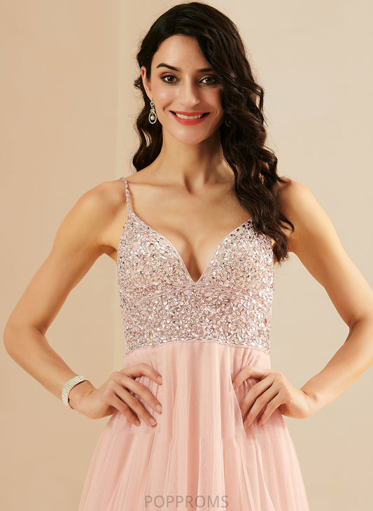 V-neck Erika Tulle A-Line With Floor-Length Prom Dresses Sequins Beading