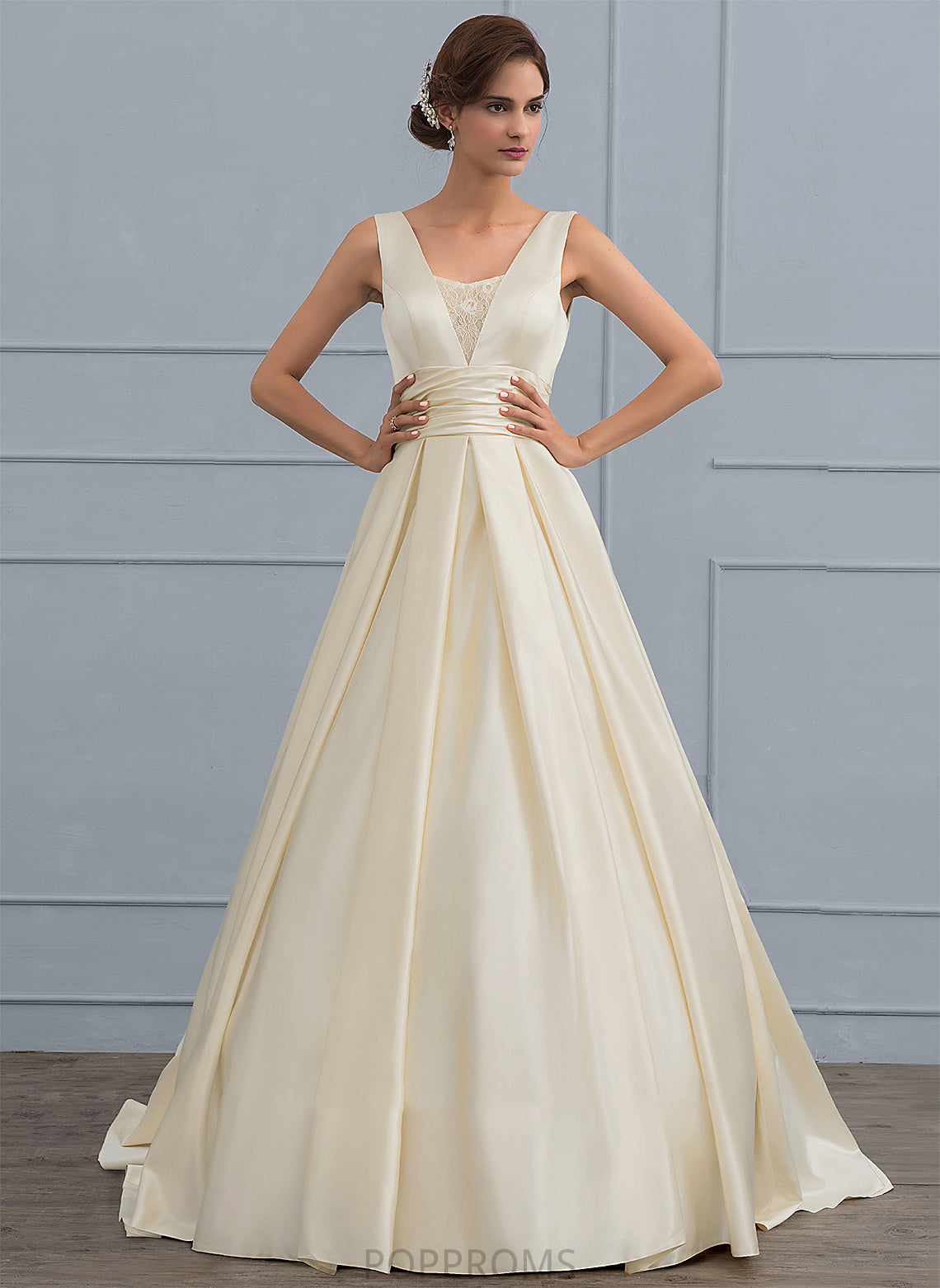 Sweep Wedding Ball-Gown/Princess Tianna Wedding Dresses V-neck Dress Train With Lace Satin