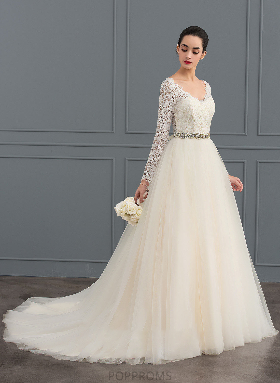 Wedding Dresses Tulle Court Ball-Gown/Princess Lace Wedding V-neck Train Jazmine Dress