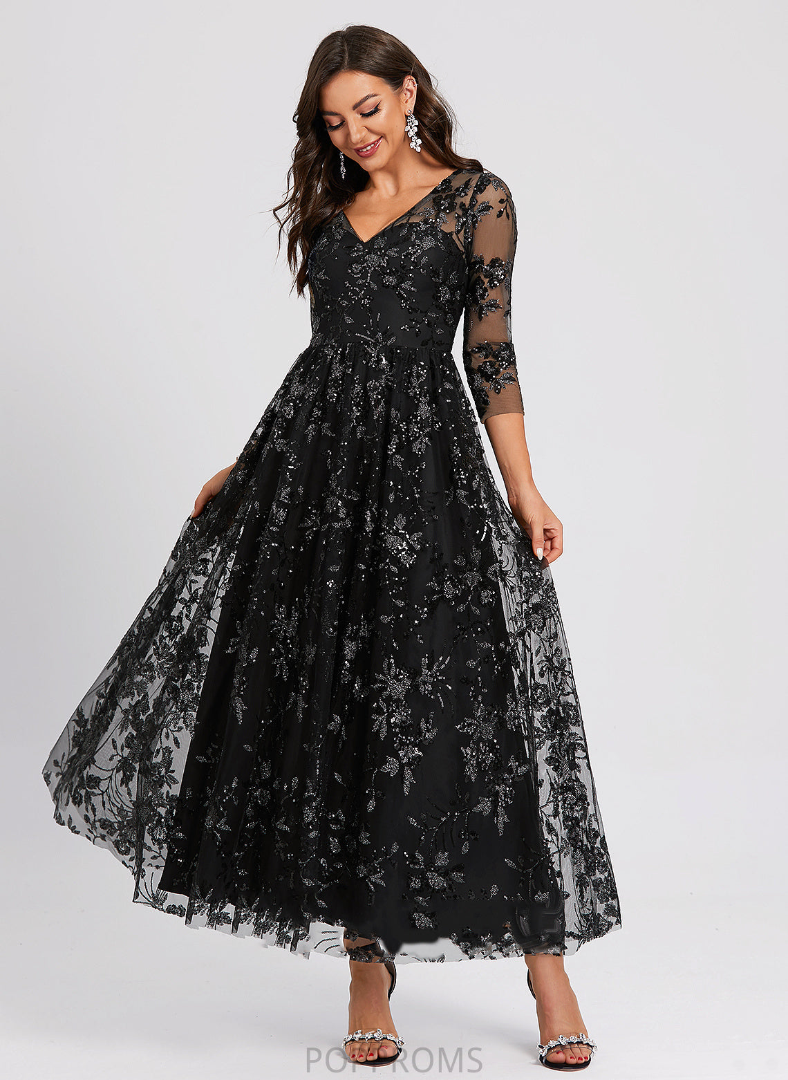 A-Line Cocktail Lace Livia Cocktail Dresses Ankle-Length Sequined V-neck Dress