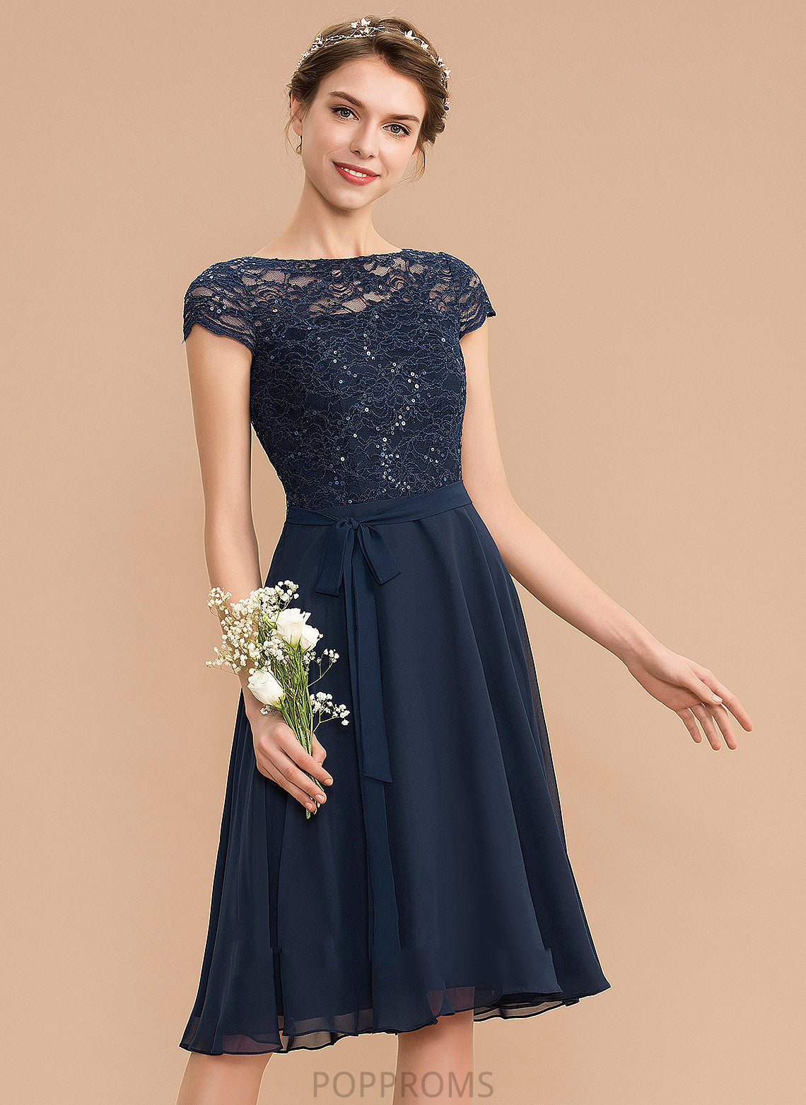 Scoop Lace Dress Homecoming Bow(s) With Chiffon Neck A-Line Homecoming Dresses Serenity Knee-Length