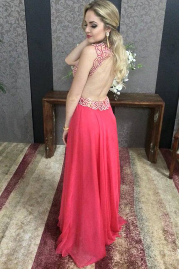 A Line Floor Length Deep V Neck Sleeveless Backless Chiffon Prom Dresses