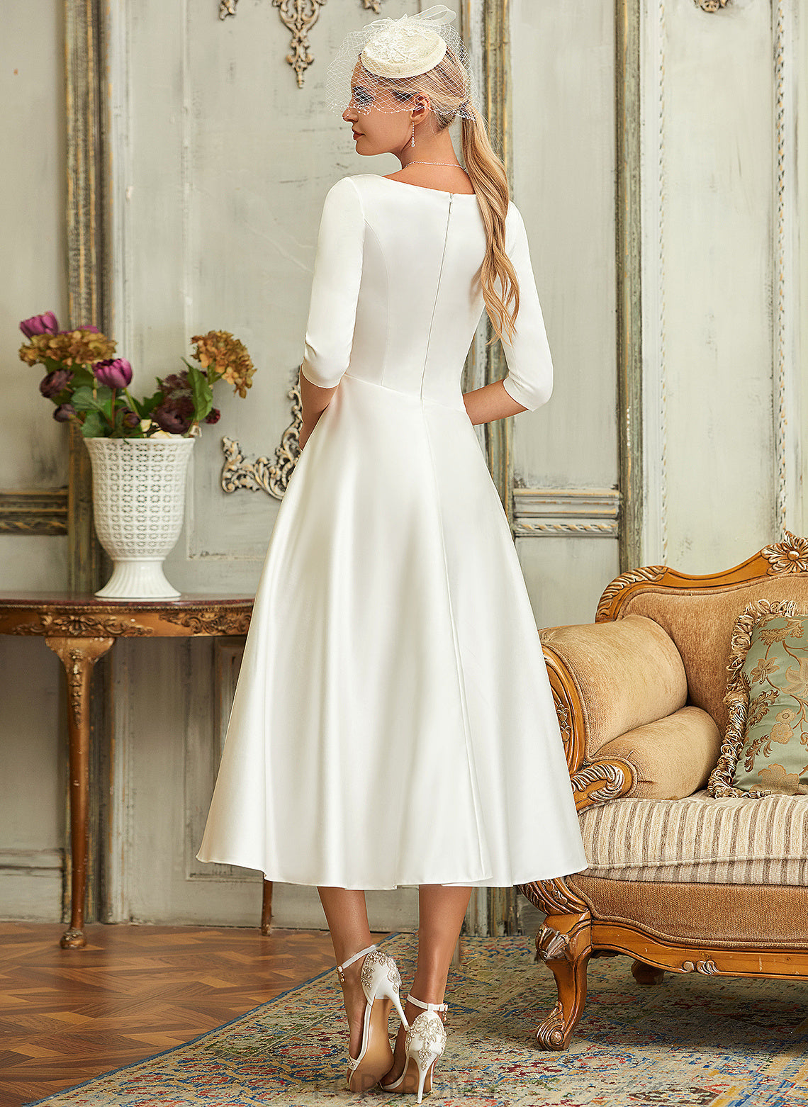 Wedding V-neck Tea-Length A-Line Alia Satin Wedding Dresses Dress