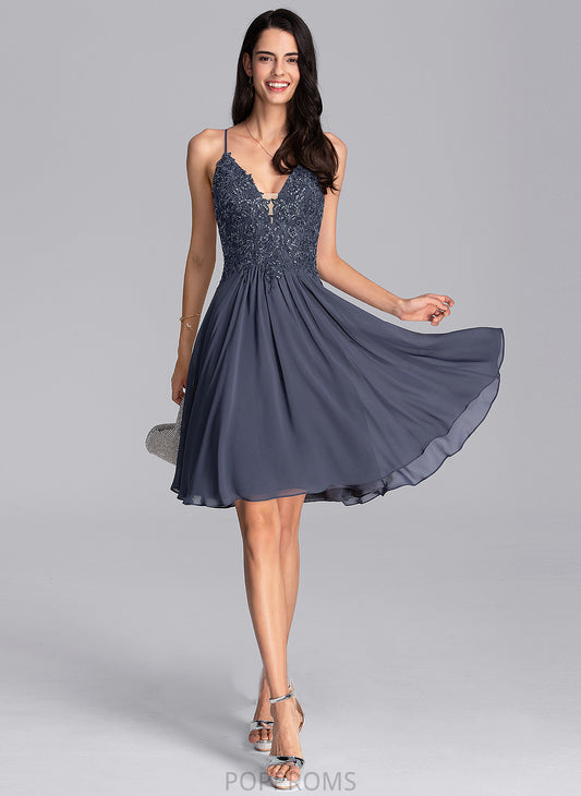 Haylie Homecoming Dresses With Dress Knee-Length Beading A-Line V-neck Lace Homecoming Chiffon