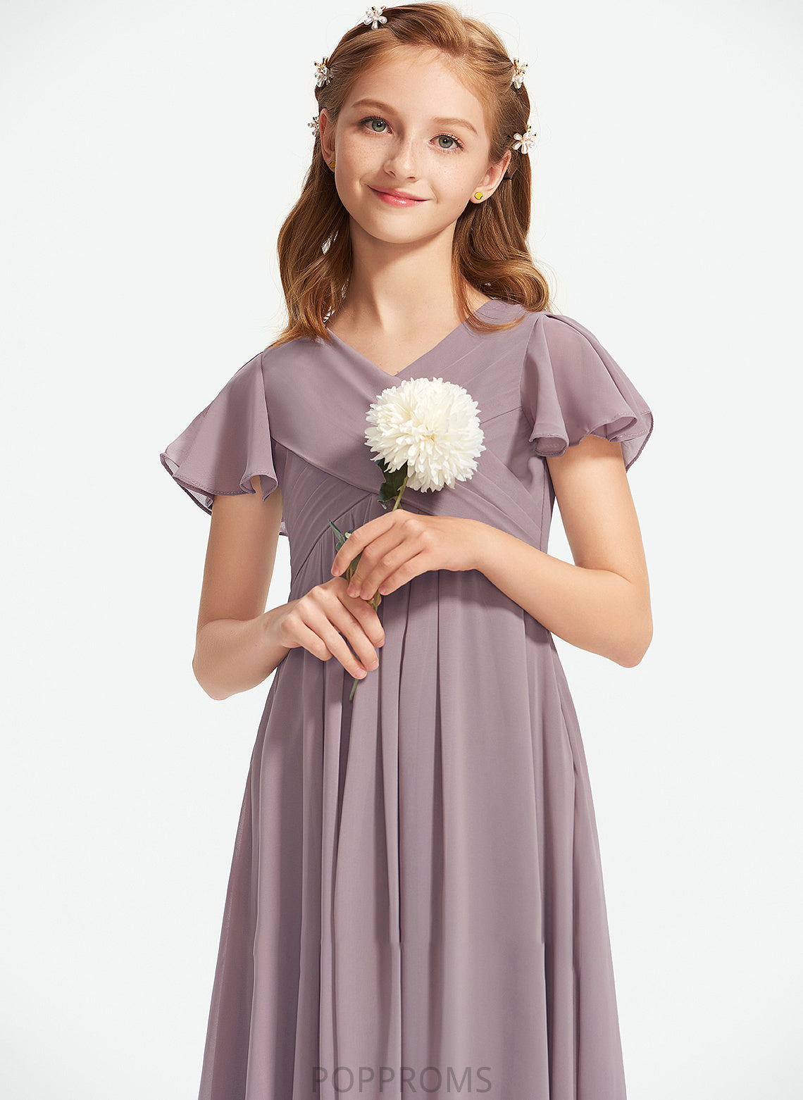 V-neck With Floor-Length Ruffle Junior Bridesmaid Dresses Chiffon A-Line Jaliyah